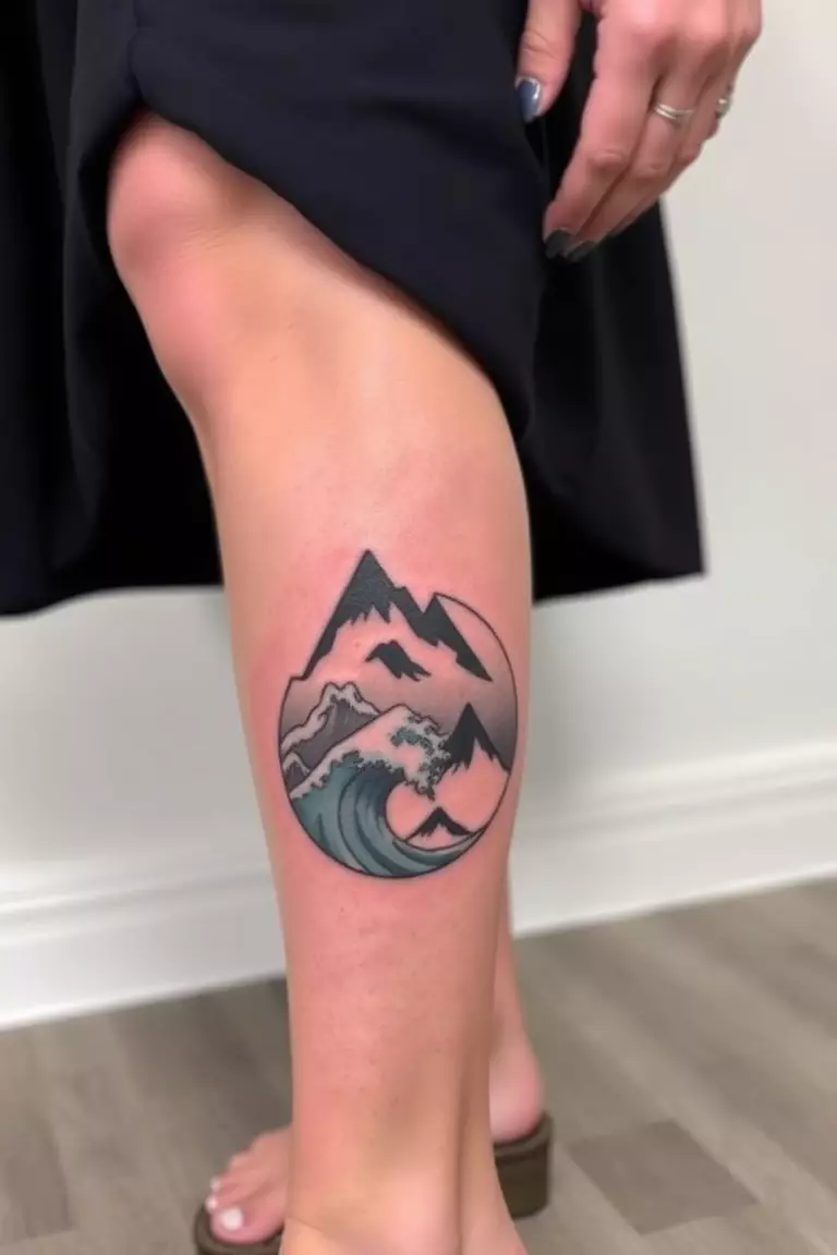 A photo of a woman with a mountain and wave tattoo on her lower leg, merging ocean and mountain elements.  