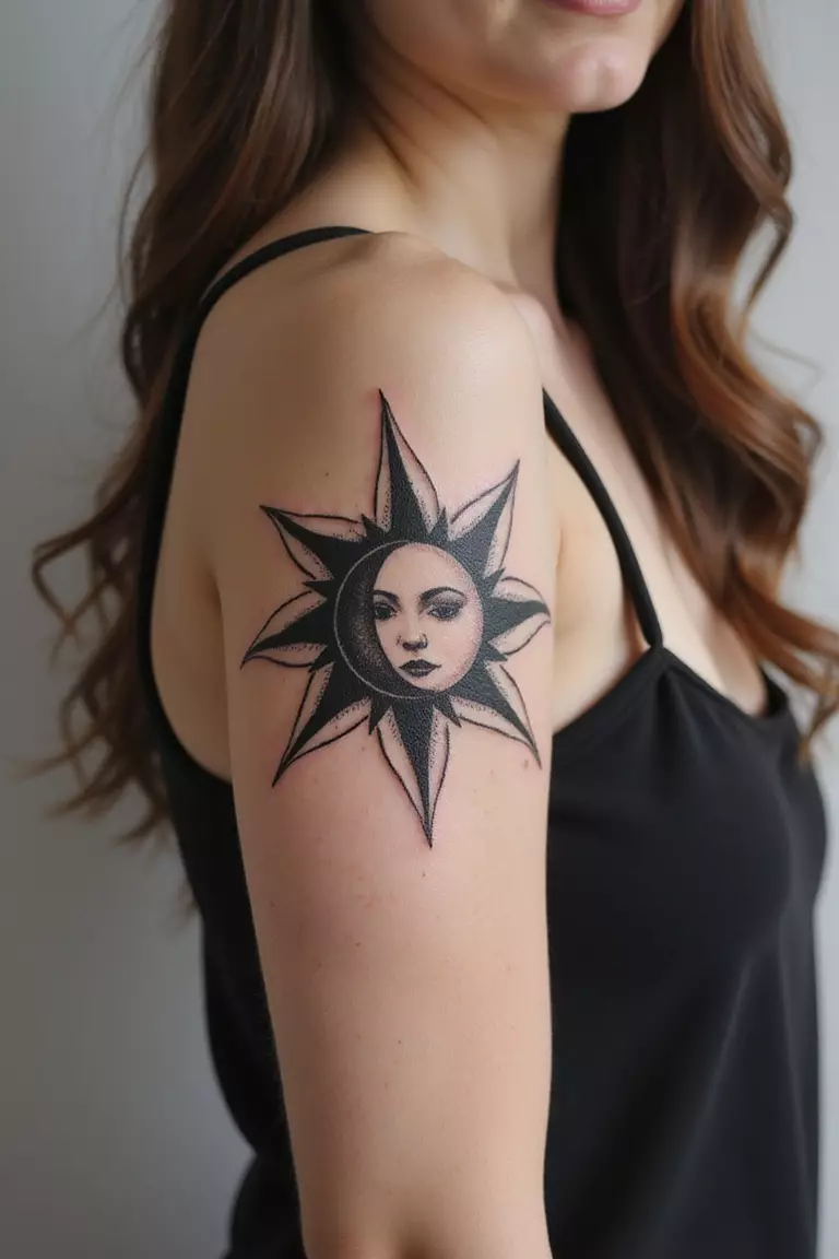 A close-up shot of a woman showing her black ink sun and moon tattoo design on her arm