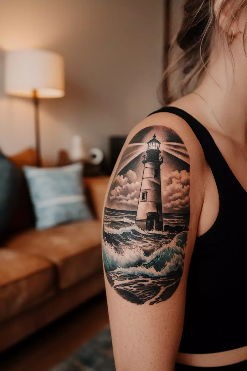 A close-up photo of a woman showing her lighthouse tattoo standing tall against crashing waves, symbolizing hope and guidance for those navigating through life's storms, tattoo design, living room background
