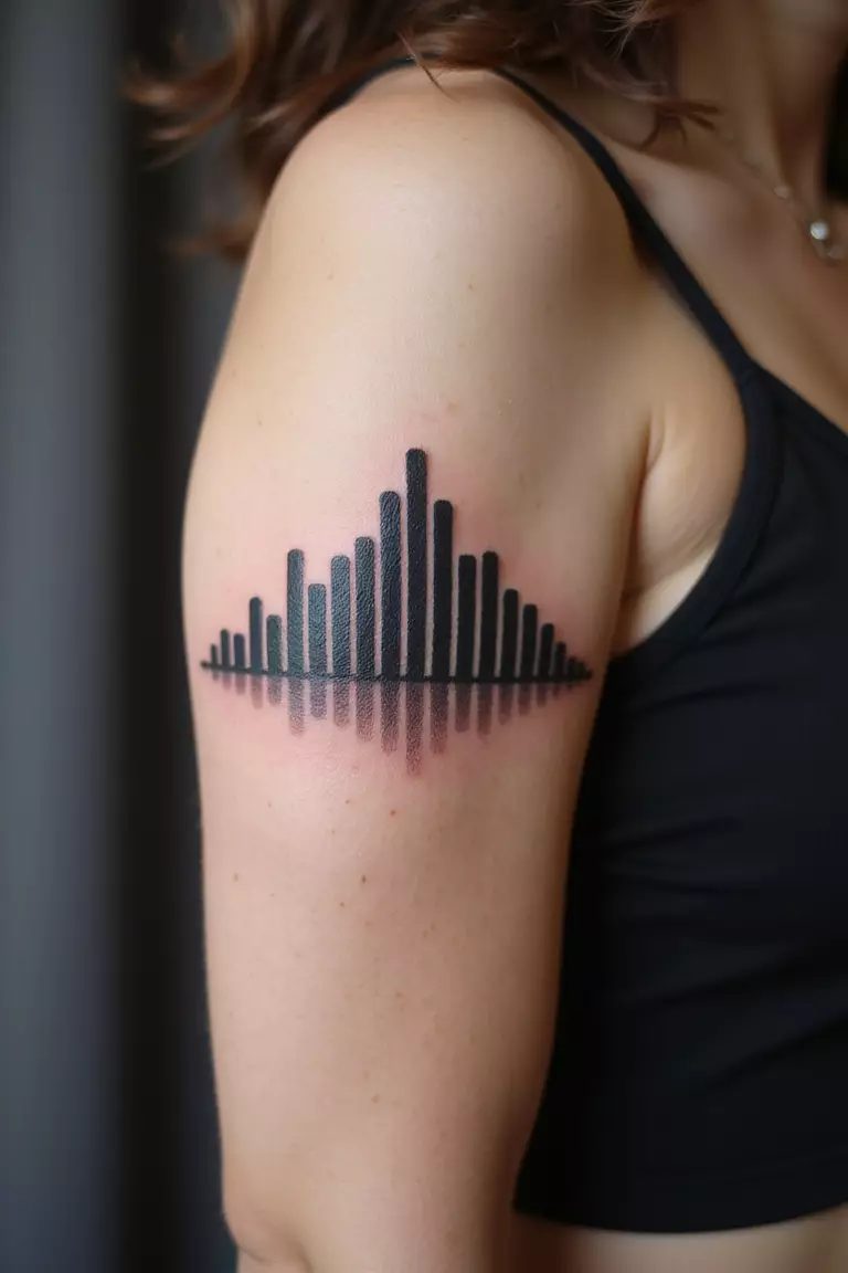 A close-up shot of a woman showing her black ink graphic equalizer bars tattoo on her arm.