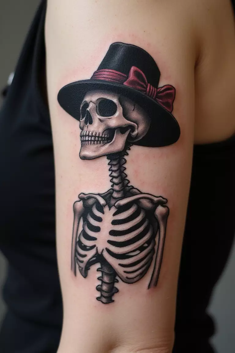 A close-up shot of a woman's arm with a black ink tattoo of a stylish La Catrina skeleton figure wearing an elegant hat.