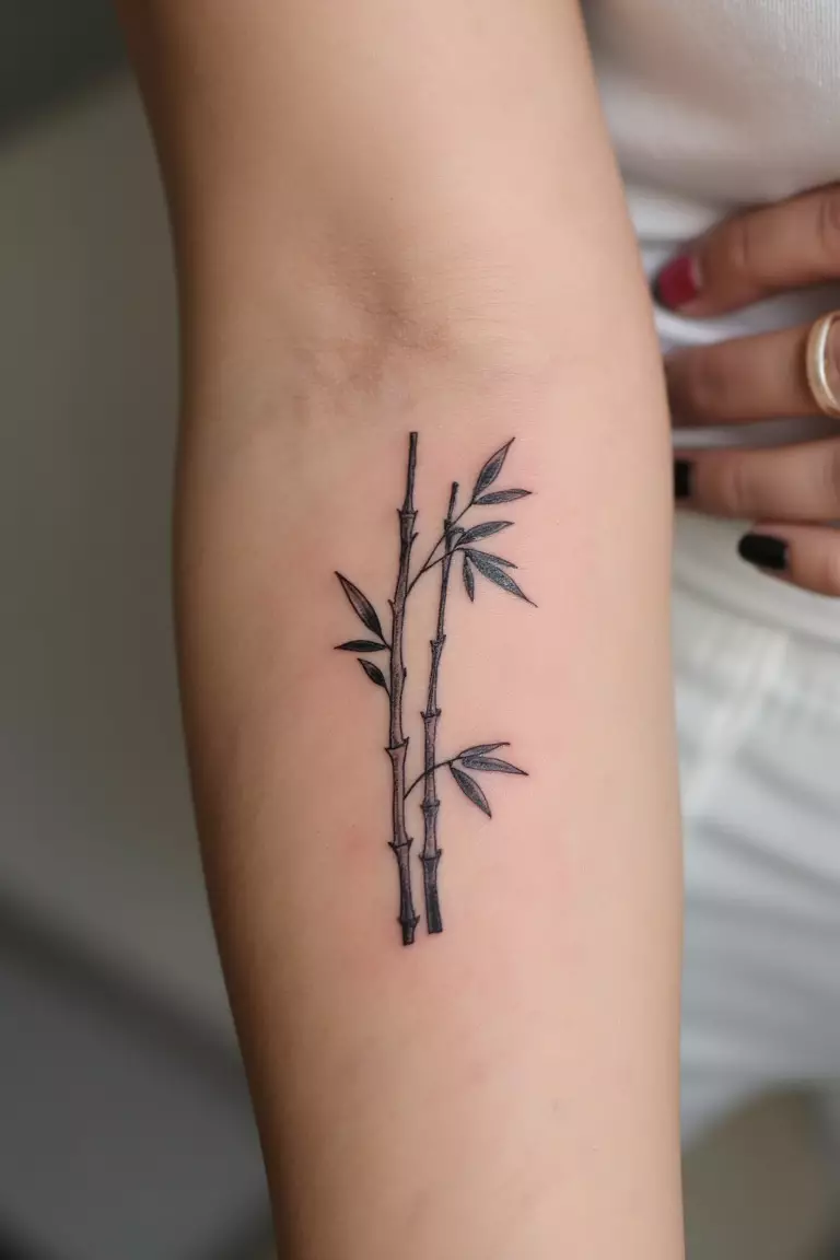 A close up shot of woman's arm with a black ink minimalist bamboo stalk with a few leaves tattoo  