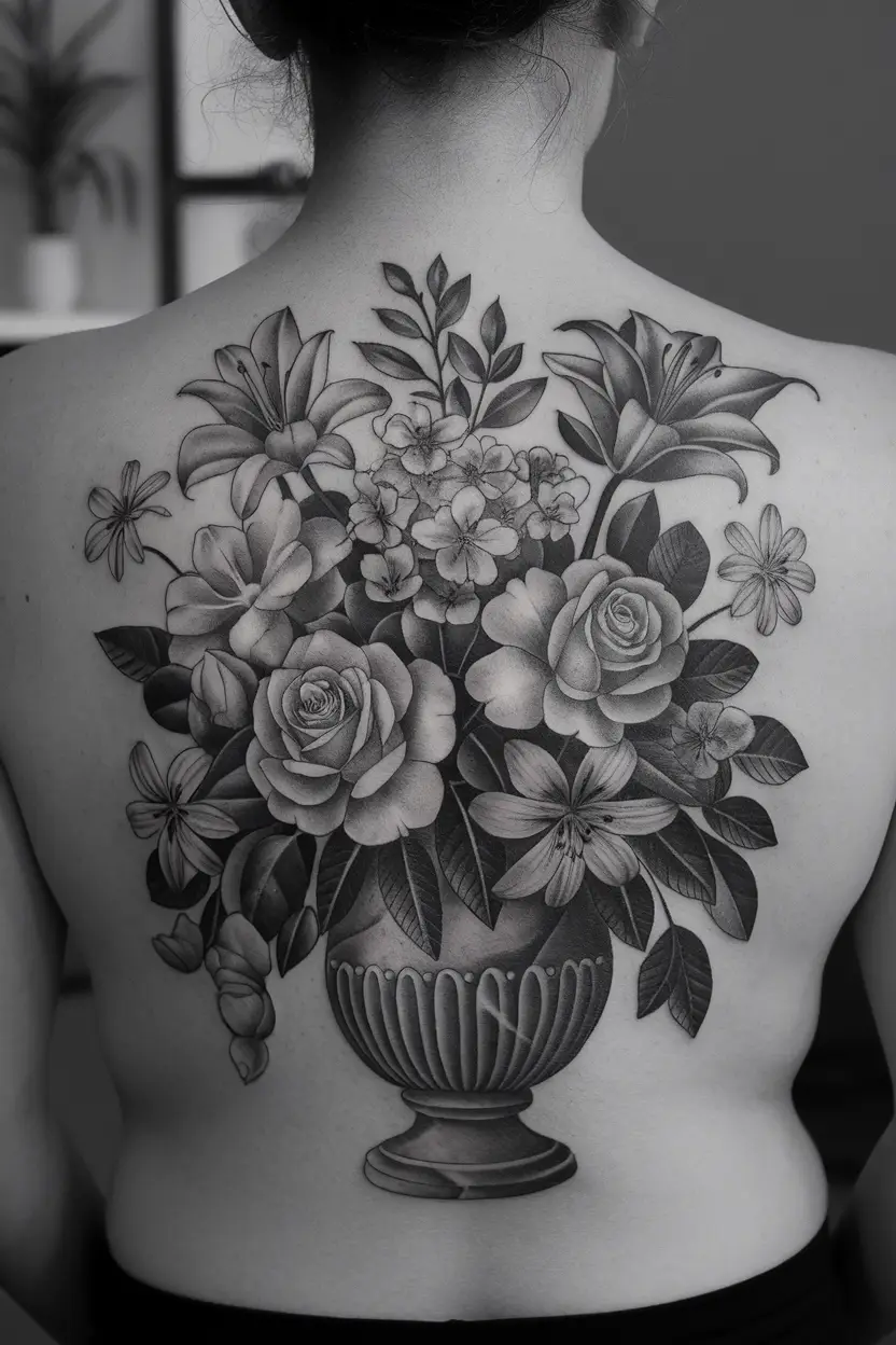 Vase of Flowers Grayscale Tattoo