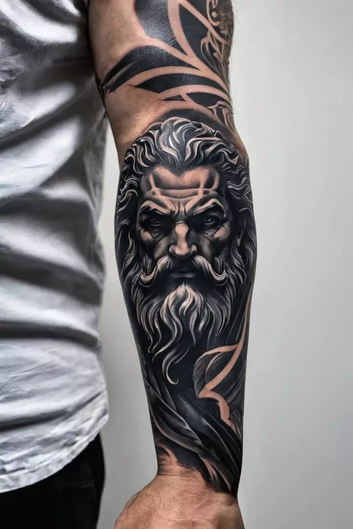 A close-up photo of a man showing his dark monochrome Zeus sleeve tattoo for men, showcasing deep contrasts and a bold, powerful portrayal of Zeus.  