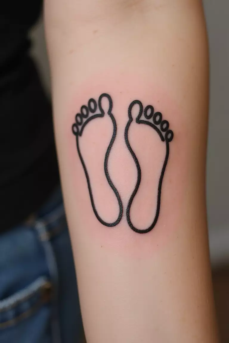A close-up shot of a woman showing her black ink pair of simple footprint outlines tattoo design on her arm