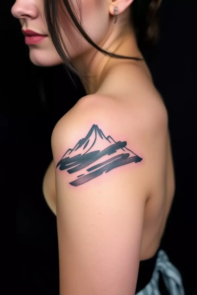 A photo of a woman with a brush stroke mountain tattoo across her shoulder, displaying fluid, artistic strokes.  