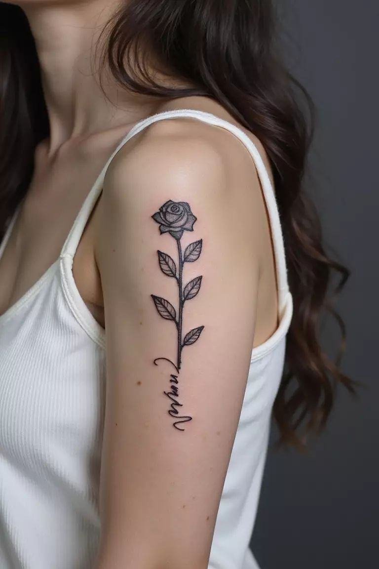 A close-up shot of a woman showing her black ink simple rose tattoo with a single word in script along the stem on her arm.