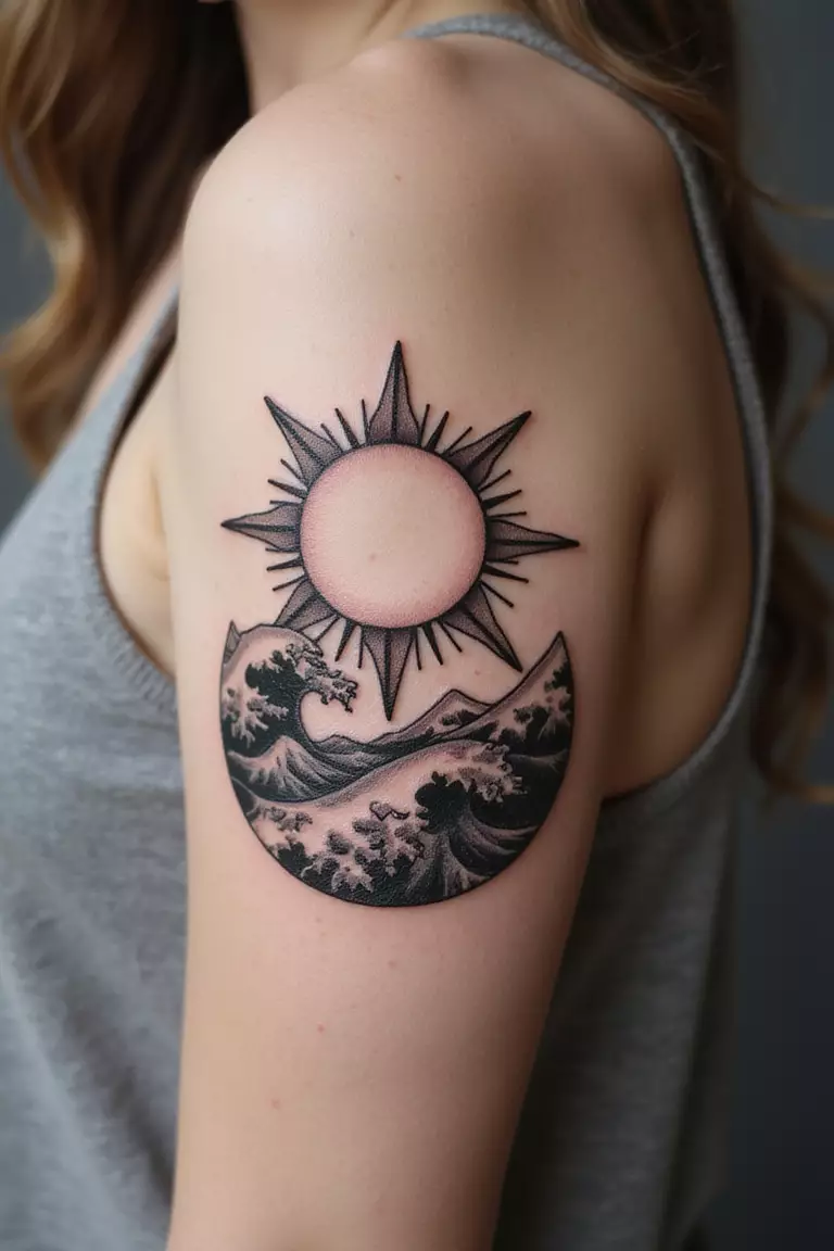 A close-up shot of a woman showing her black ink sun positioned above stylized ocean waves tattoo design on her arm
