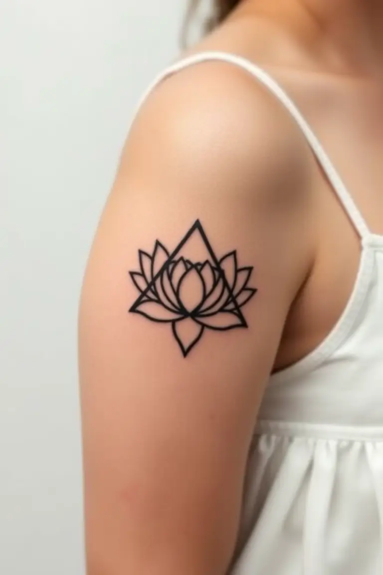 A close-up photo of a woman showing her triangle and lotus flower arm tattoo design.