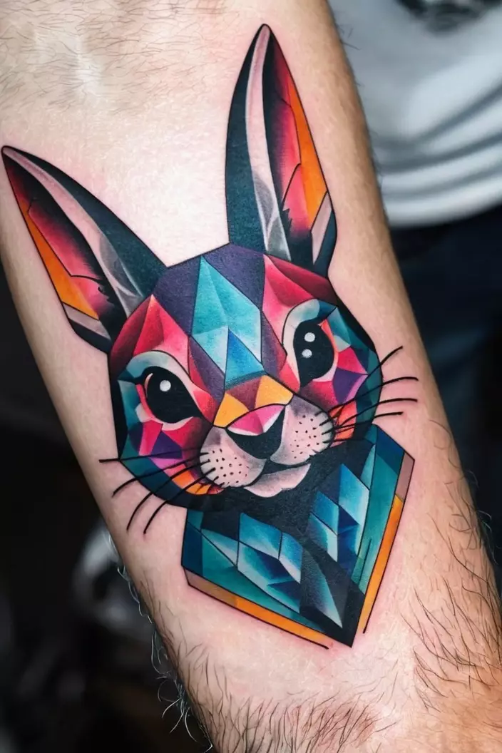 A close-up photo of a man showing his geometric bunny tattoo, showcasing a stylized bunny designed with playful geometric forms and shapes.  