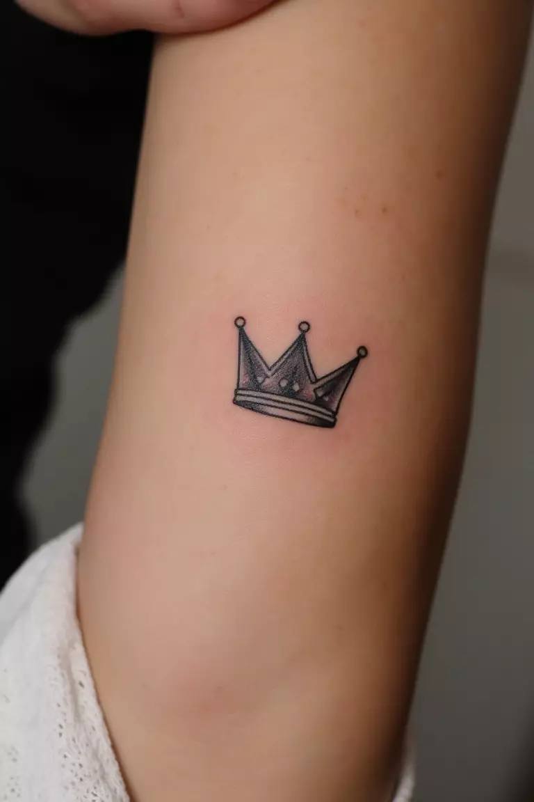 A close up shot of woman's arm with a black ink tattoo featuring a simple crown representing Hera, the queen of the gods and divine royalty.