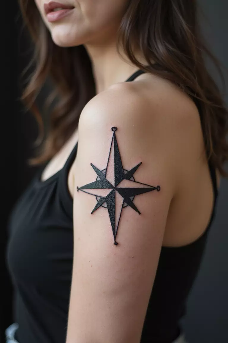 Compass Rose A close-up shot of a woman showing her black ink compass rose tattoo on her arm.