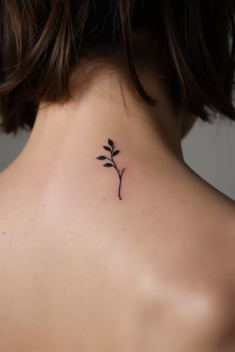 A close up shot of woman's neck from the back with a black ink tiny small branch with leaves tattoo