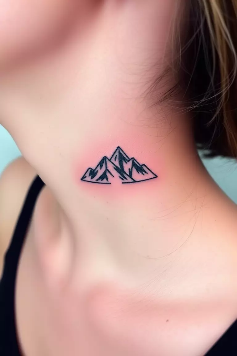 A photo of a woman with a mountain tattoo on her neck, showcasing a small yet striking design with subtle shading.  