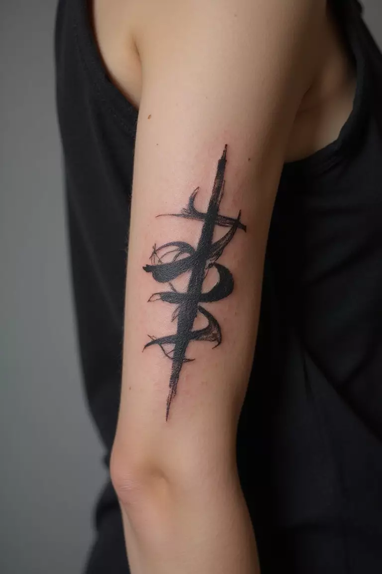 A close up shot of woman's arm with a black ink tattoo of abstract dark shapes.