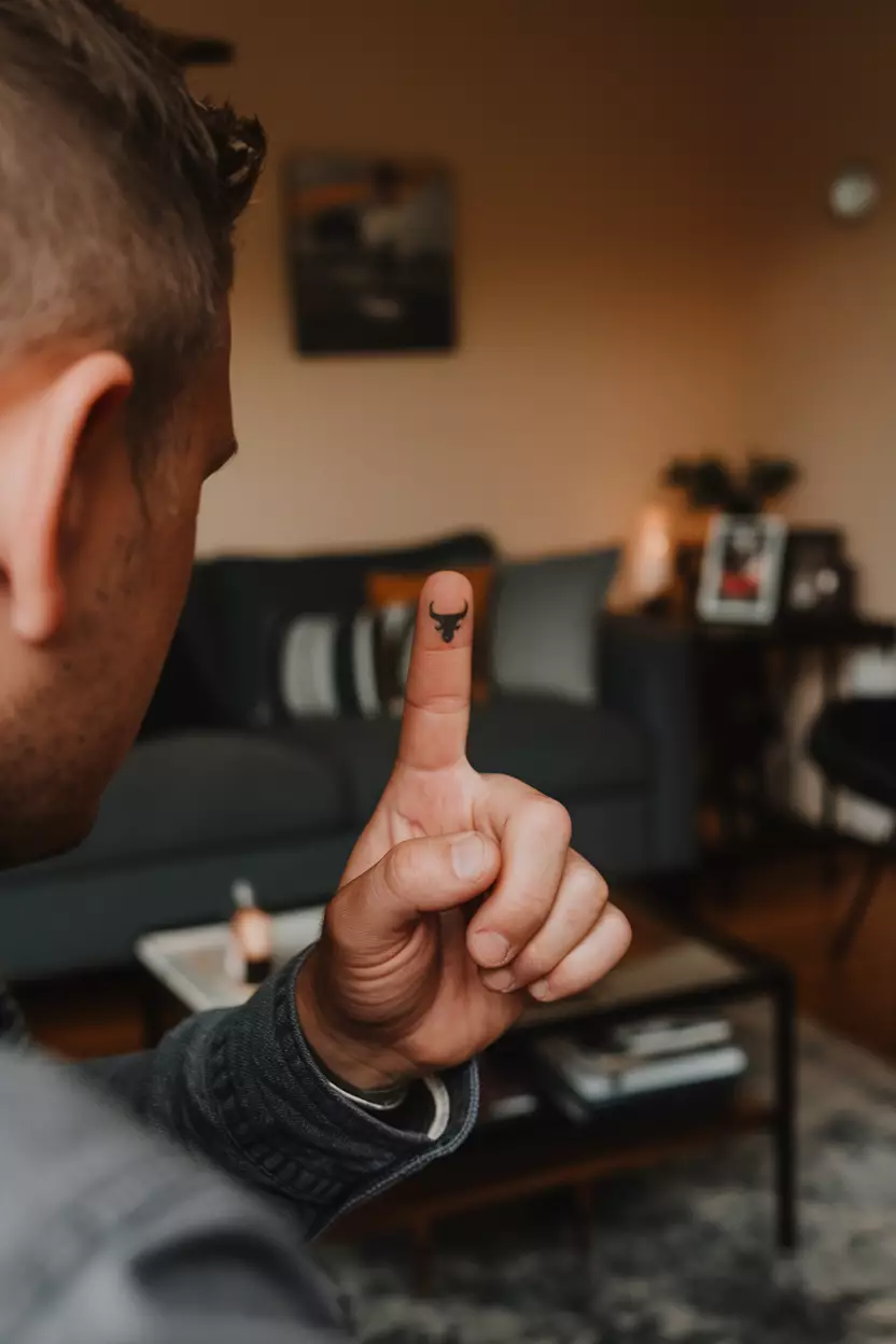 A close-up photo of a man showing his small but striking finger tattoo featuring the bull symbol, perfect for those who prefer minimalist designs while sitting comfortably in an aesthetically pleasing living room filled with personal mementos.