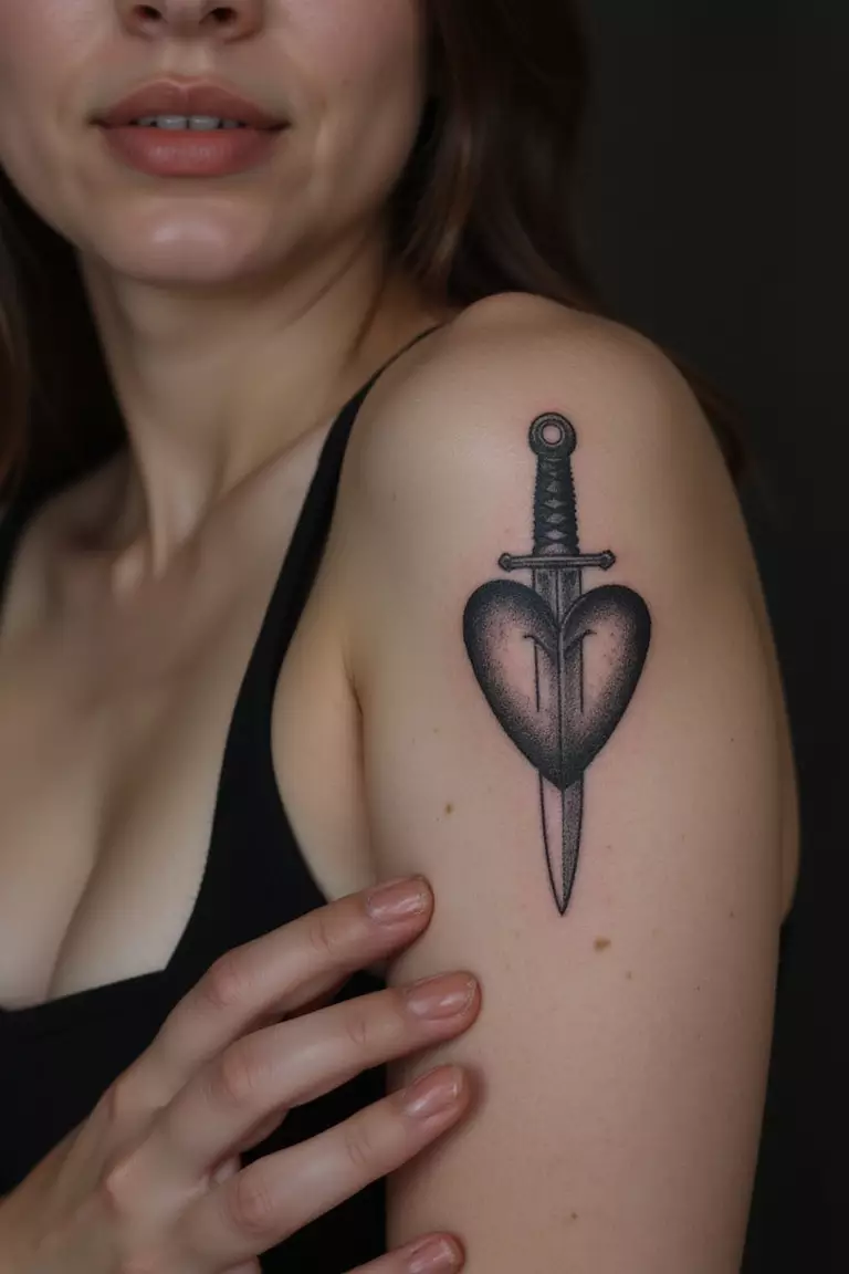 Dagger A close-up shot of a woman showing her black ink dagger piercing a heart tattoo design on her arm