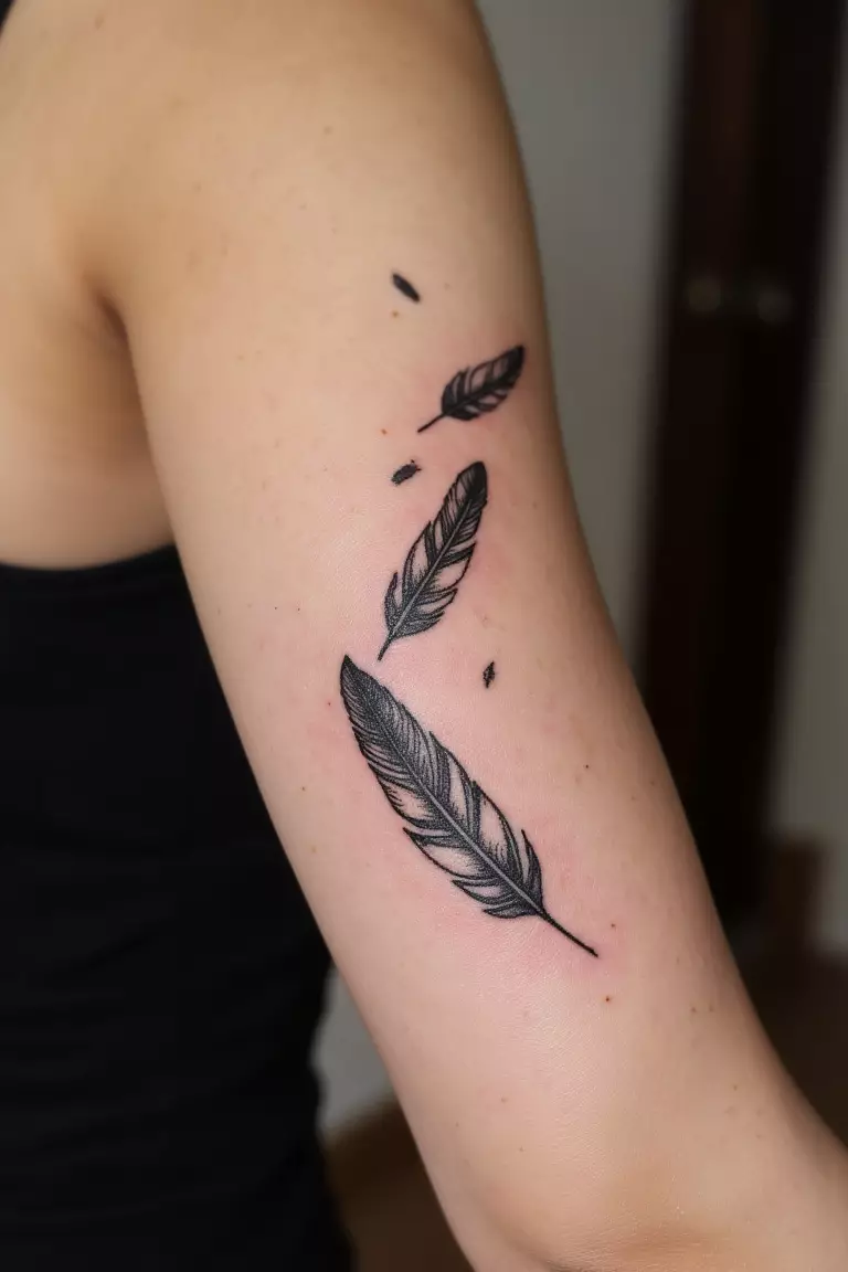 A close up shot of woman's arm with a black ink floating feathers tattoo, multiple feathers appearing to drift in wind