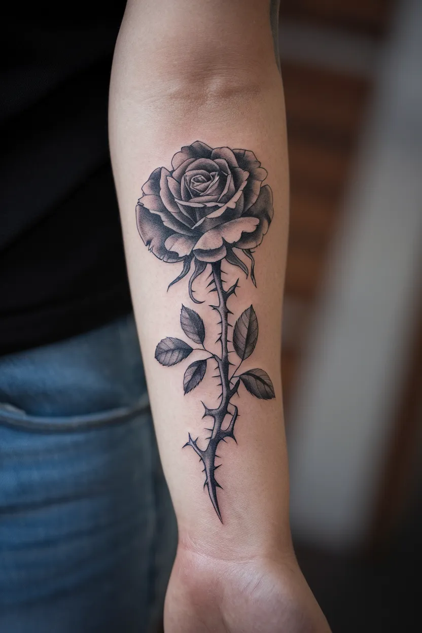 Black Watercolor Tattoo of Rose on Forearm