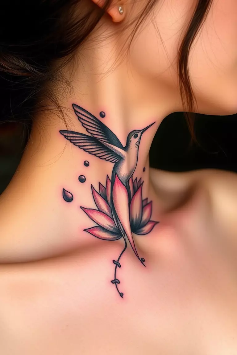 Hummingbird and Lotus Flower Tattoo on Neck A photo of a woman with a hummingbird and lotus flower tattoo on her neck, signifying elegance and serenity