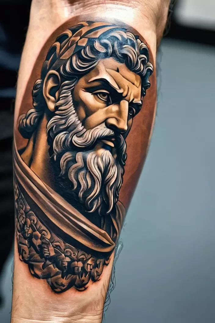 A close-up photo of a man showing his Greco-Roman Zeus men s forearm tattoo, displaying a detailed depiction of Zeus with traditional motifs.  