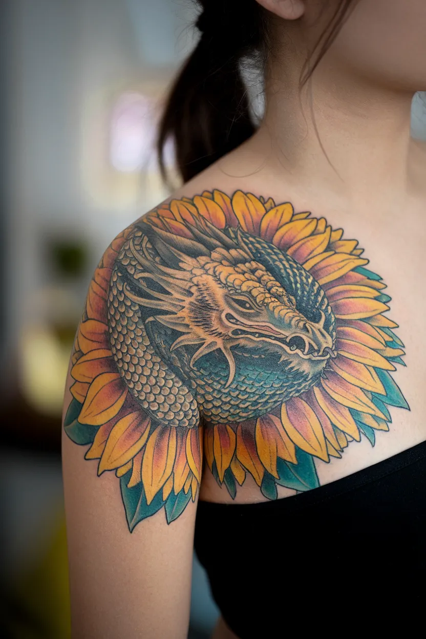 Sunflower Dragon Shoulder Tattoo