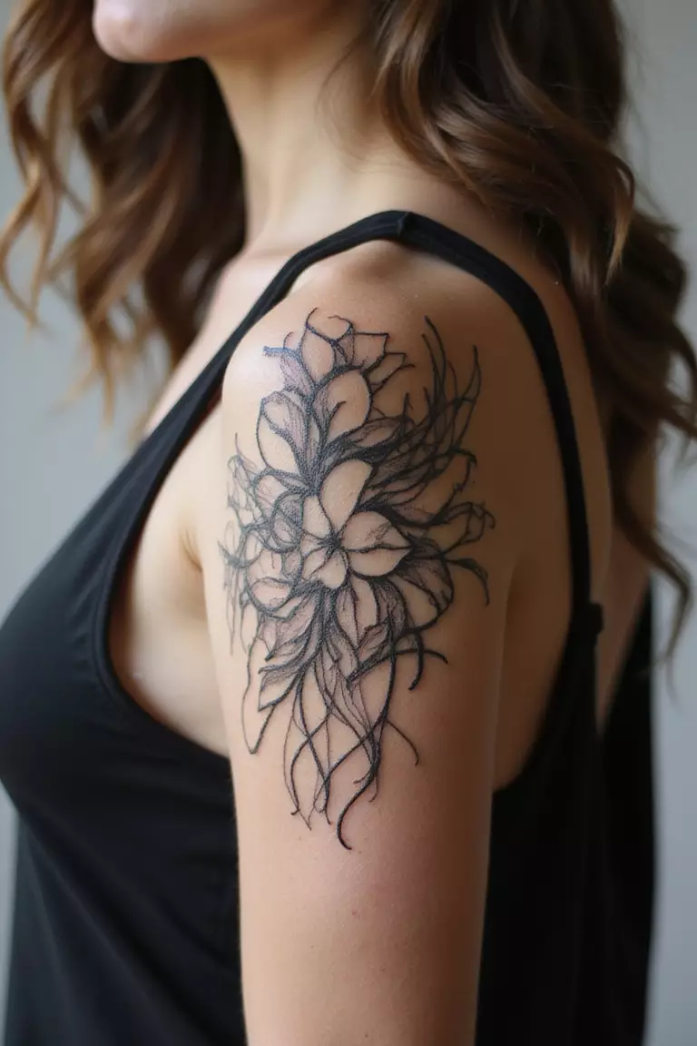 A close-up shot of a woman showing her black ink abstract flowing line tattoo design on her arm