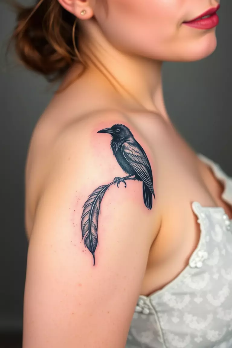 A photo of a woman with a small crow holding a feather tattoo on her arm, illustrating a harmonious blend of elements.  