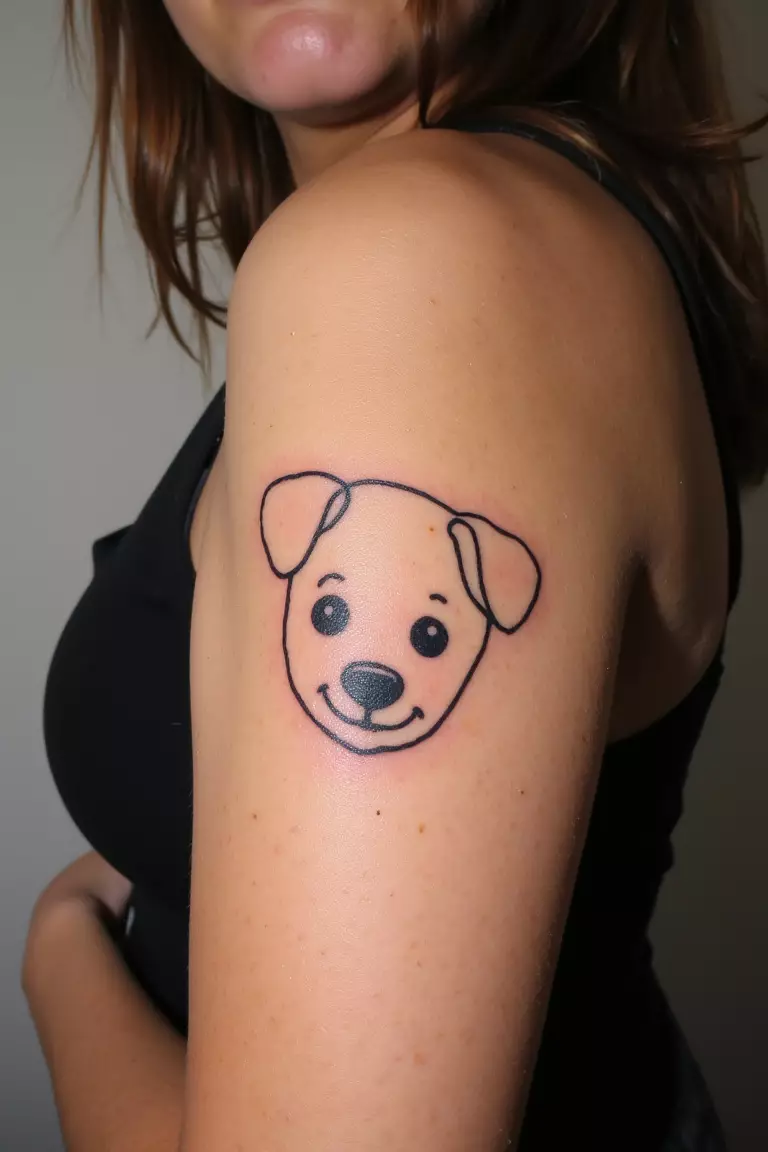 A close up photo of a woman showing her black ink cartoon-style dog head with floppy ears tattoo on her arm  