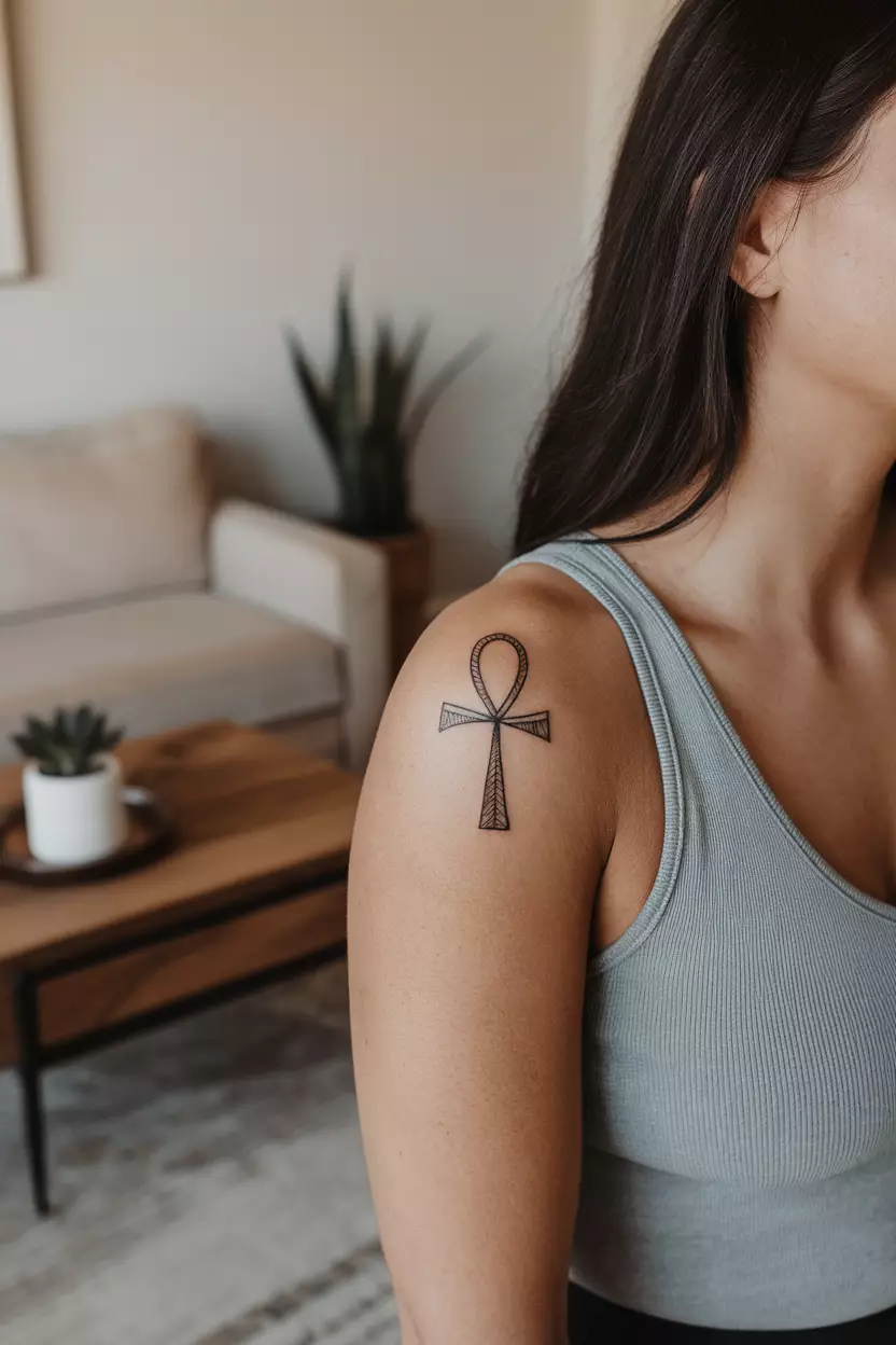 Black Ink Minimalist Ankh Tattoo A photo of a woman with a black ink minimalist ankh tattoo, living room background