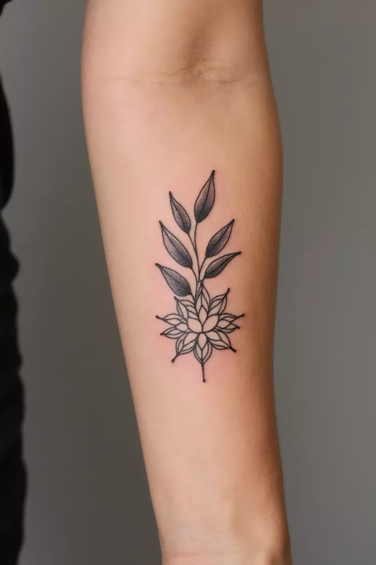 A close up shot of woman's arm with a black ink olive branch with a minimalist mandala design tattoo  