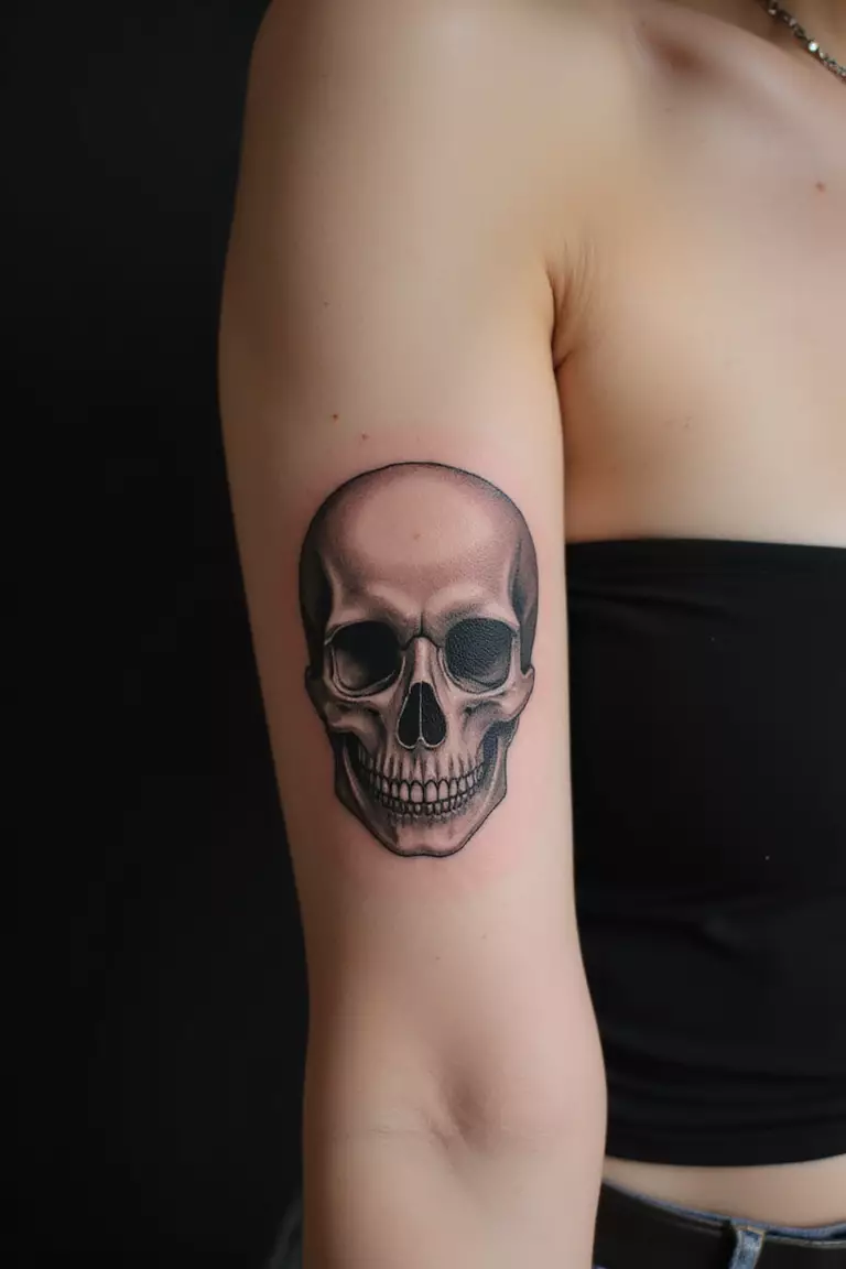 A close-up shot of a woman's arm with a black ink tattoo of a skull.