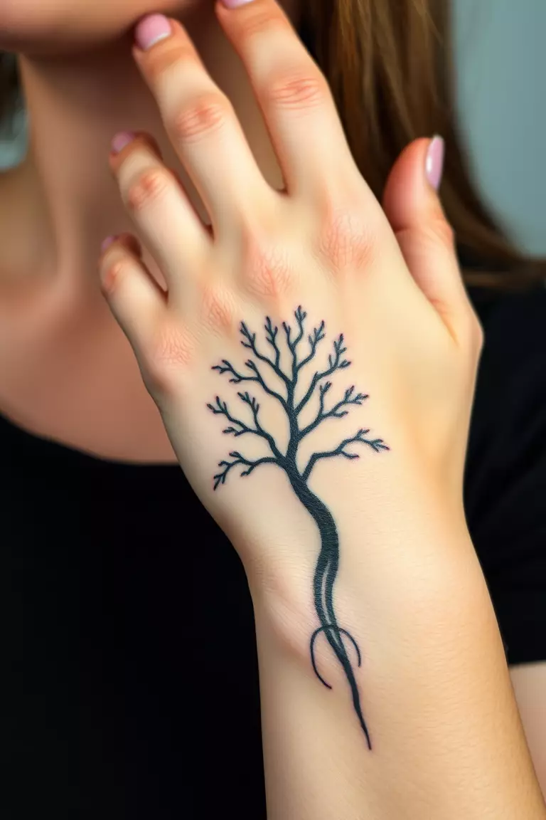 A photo of a woman displaying a poison tree tattoo on her hand.