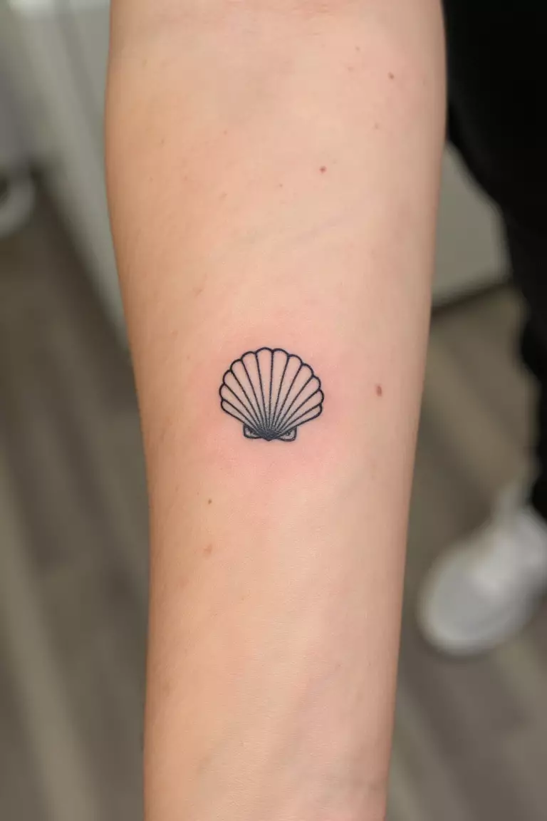 A close up shot of woman's arm with a black ink tattoo showing a tiny seashell with intricate fine line details giving definition, minimalistic beach design.