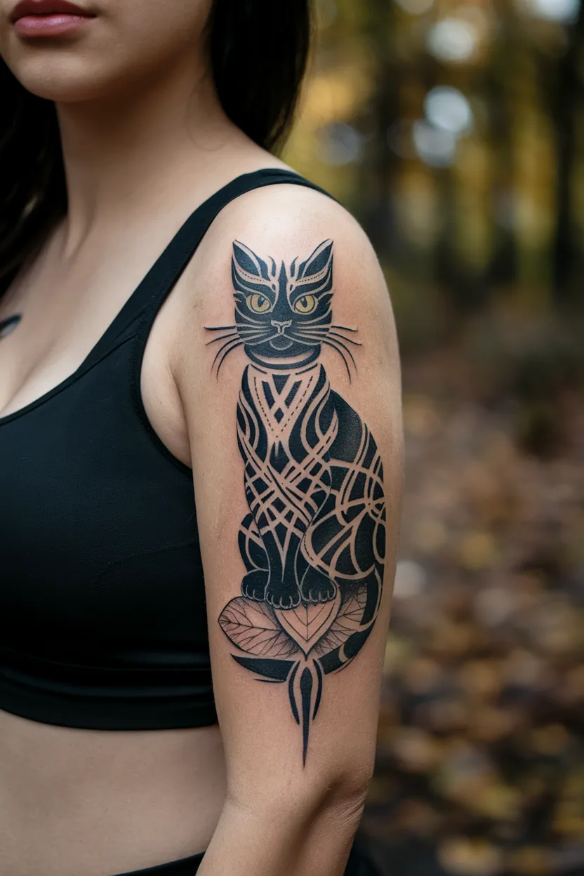 Tribal Design Black Cat Tattoo
