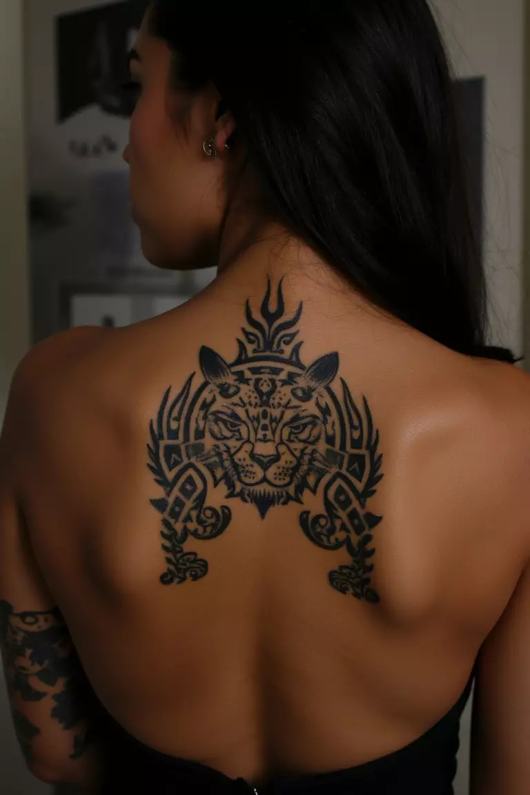 A photo of a woman showing her tribal-style leopard tattoo with sharp edges and traditional patterns on her back