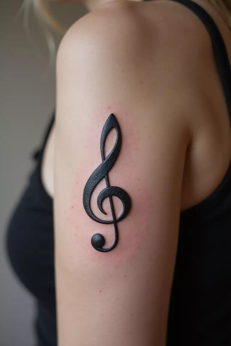 A close-up shot of a woman showing her black ink elegant treble clef tattoo on her arm.