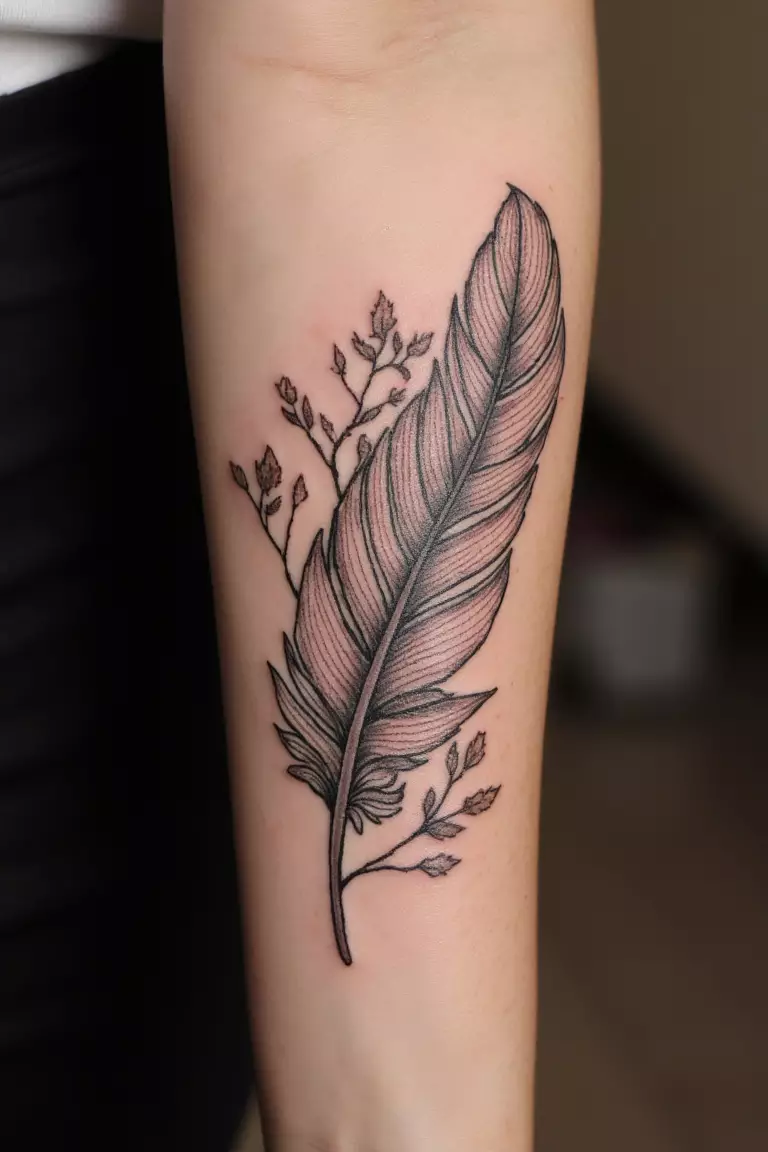 A close up shot of woman's arm with a black ink feather and leaves combination tattoo, botanical elements intertwining
