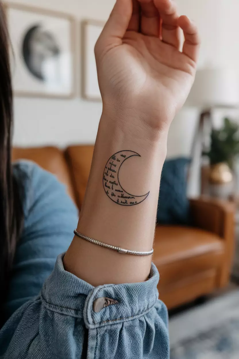 A close-up photo of a woman showing her wrist with a crescent moon tattoo incorporating a short, meaningful message within its curve, tattoo design, living room background