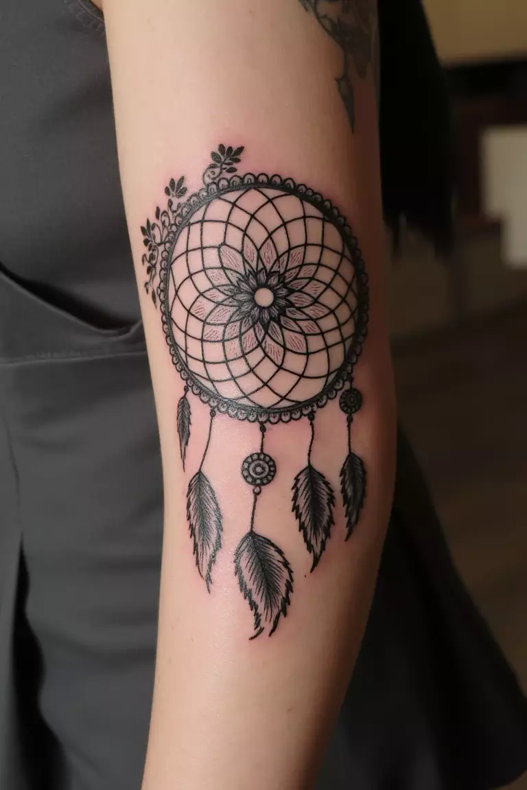 A close up shot of woman's arm with a black ink floral dreamcatcher tattoo.  