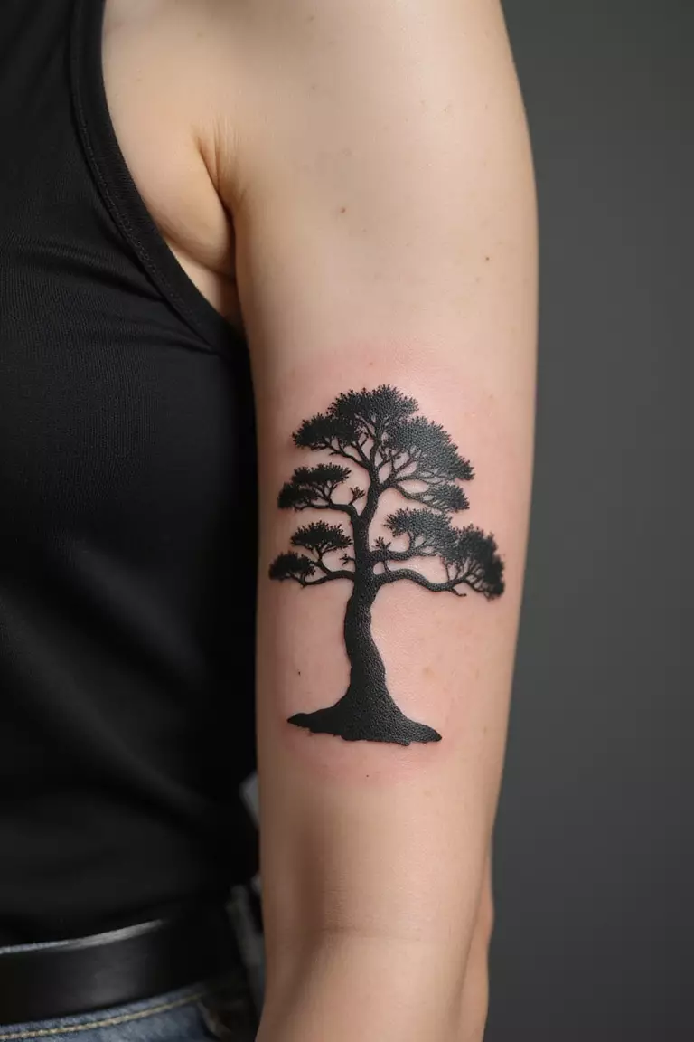A close-up shot of a woman showing her black ink solid black bonsai tree silhouette tattoo design on her arm