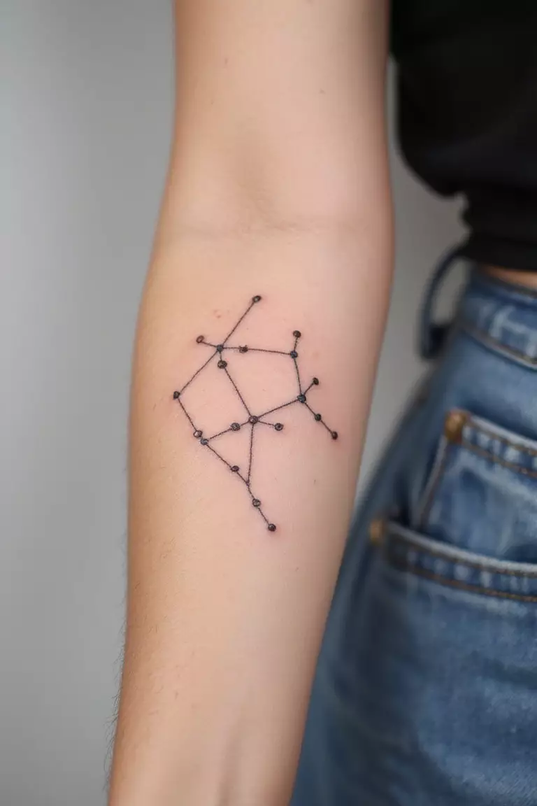 A close-up shot of a woman's arm with a black ink tattoo of a small star constellation, like Orion's Belt or the Big Dipper, connected by fine dots and lines.