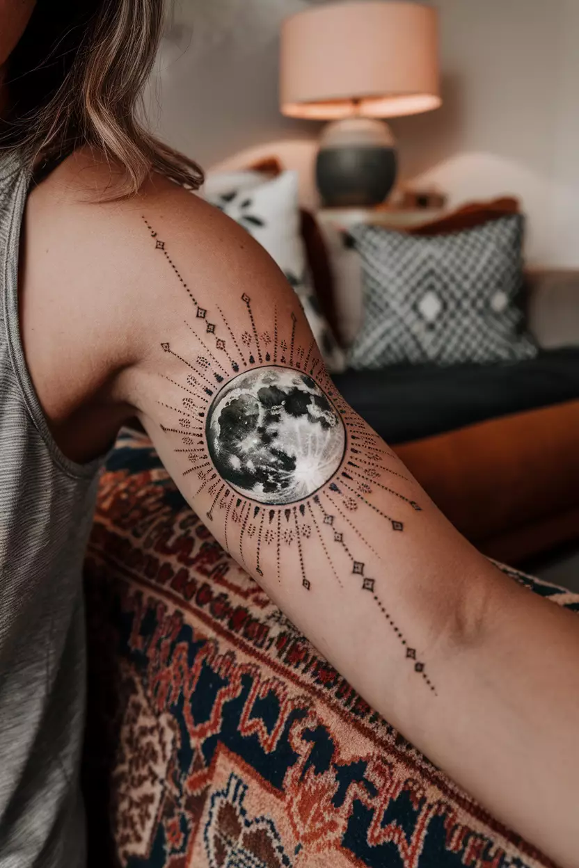 A close-up photo of a woman showing her intricate dotwork-style moon tattoo, tattoo design, living room background