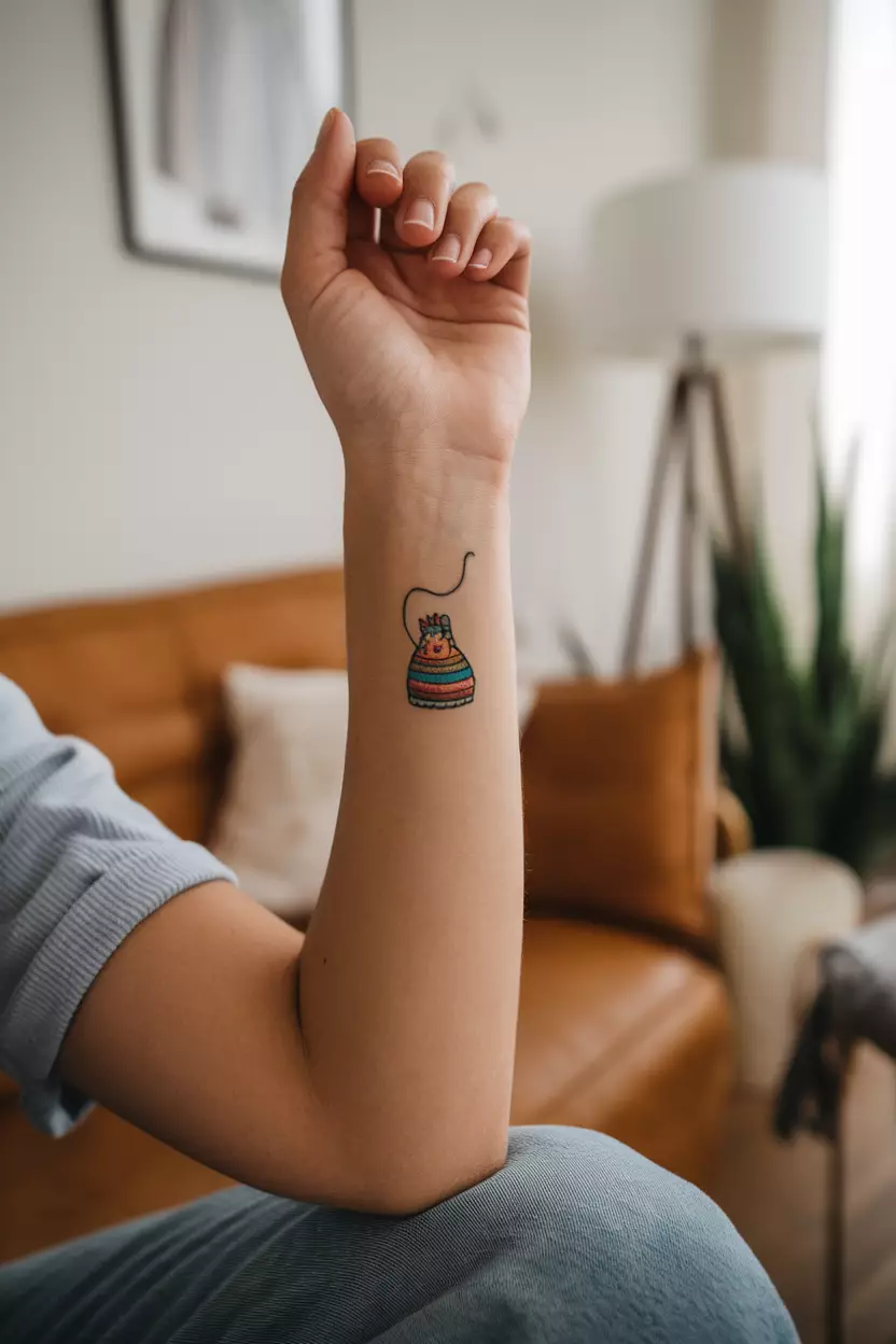 Tiny Piñata A close-up photo of a woman showing her tiny colorful piñata tattoo design, living room background
