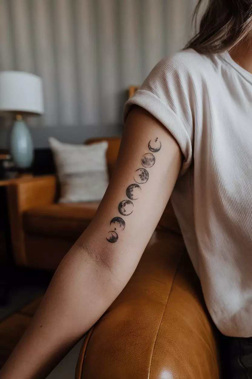 A close-up photo of a woman showing her tattoo of the different moon phases lined up vertically, tattoo design, living room background