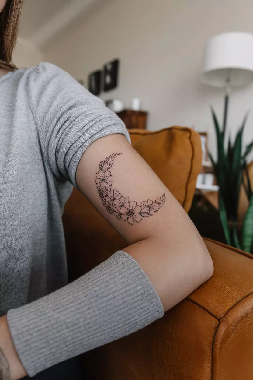 A close-up photo of a woman showing her arm with a crescent moon-shaped tattoo composed of her birth month flowers, tattoo design, living room background