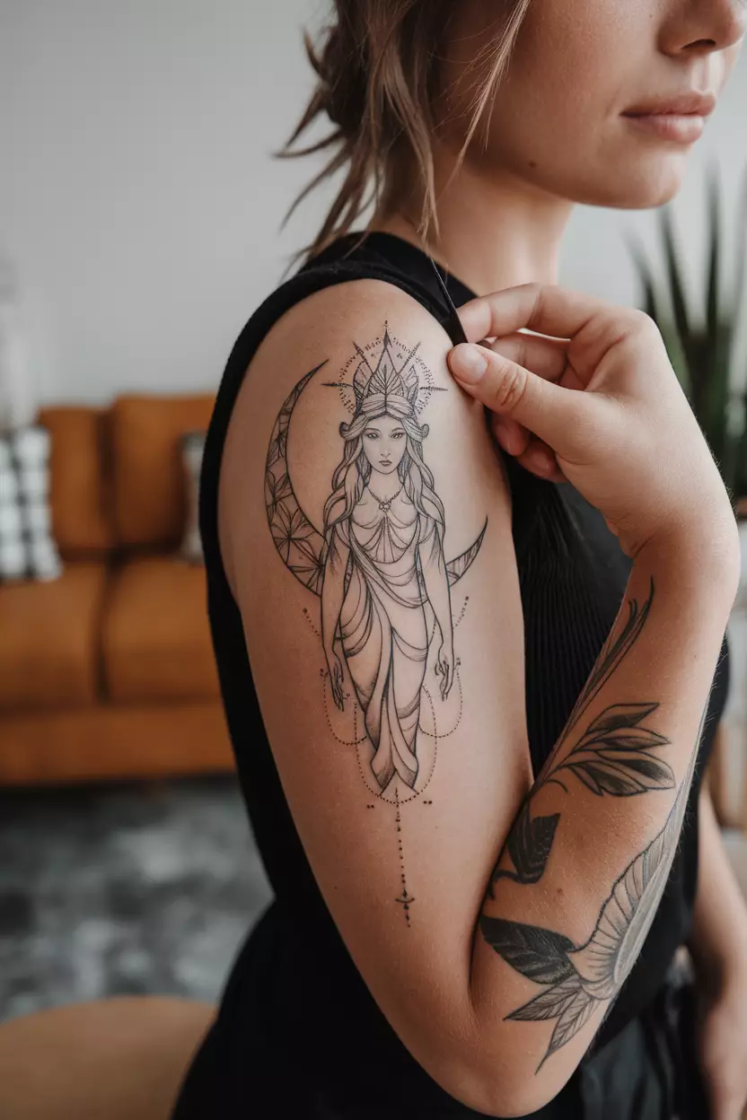 A close-up photo of a woman showing her tattoo of a ethereal goddess figure emerging from a crescent moon, tattoo design, living room background