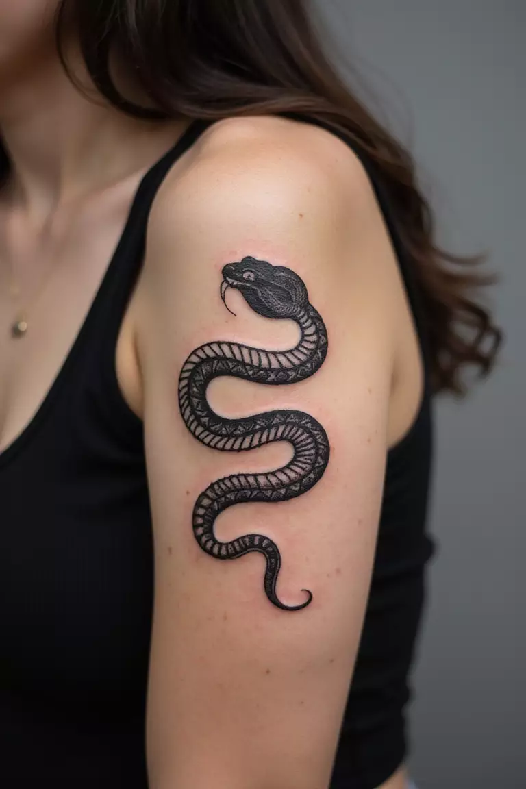 Snake A close-up shot of a woman showing her black ink coiled snake tattoo design on her arm