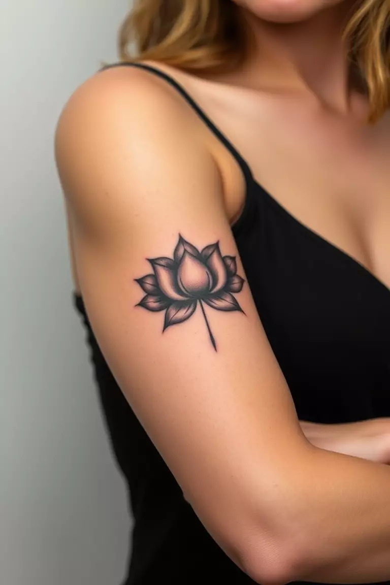 A close-up photo of a woman showing her shaded lotus flower arm tattoo design.  